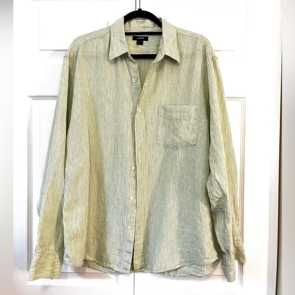 J. Crew Linen Long Sleeve Green Stripe Button down Shirt sz L - Picture 8 of 11